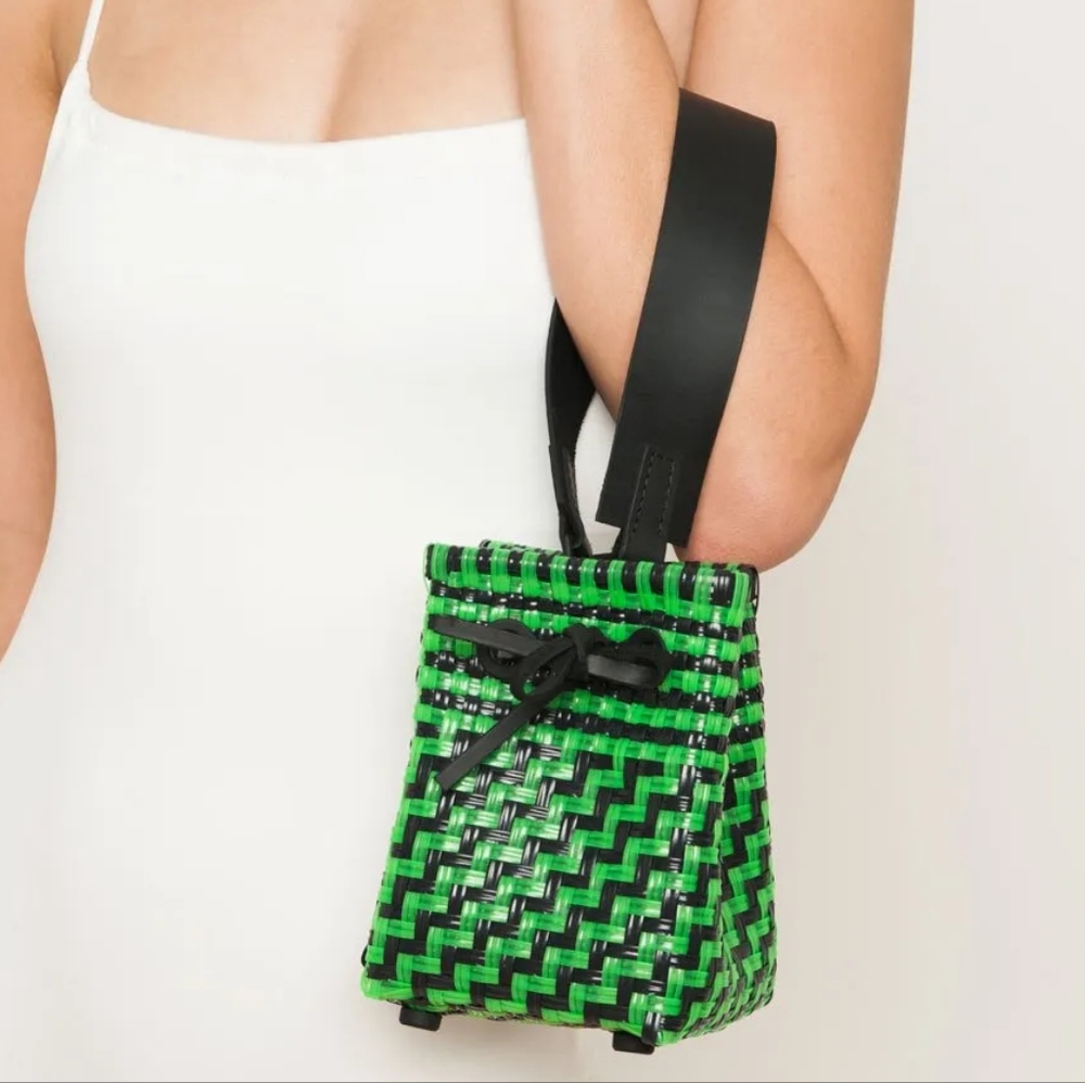 TRUSS NYC Hand Woven Party Bag Multicolor Mini Top Handle Black Leather Trim